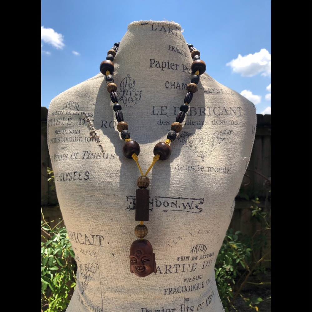 All wood Tibetan chain w/natural BODHI 3 eye seeds